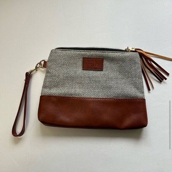 Funky Monkey Clutch Herringbone Gray & Faux Leather  Purse 8.5”x6.5” Bag - Picture 1 of 5
